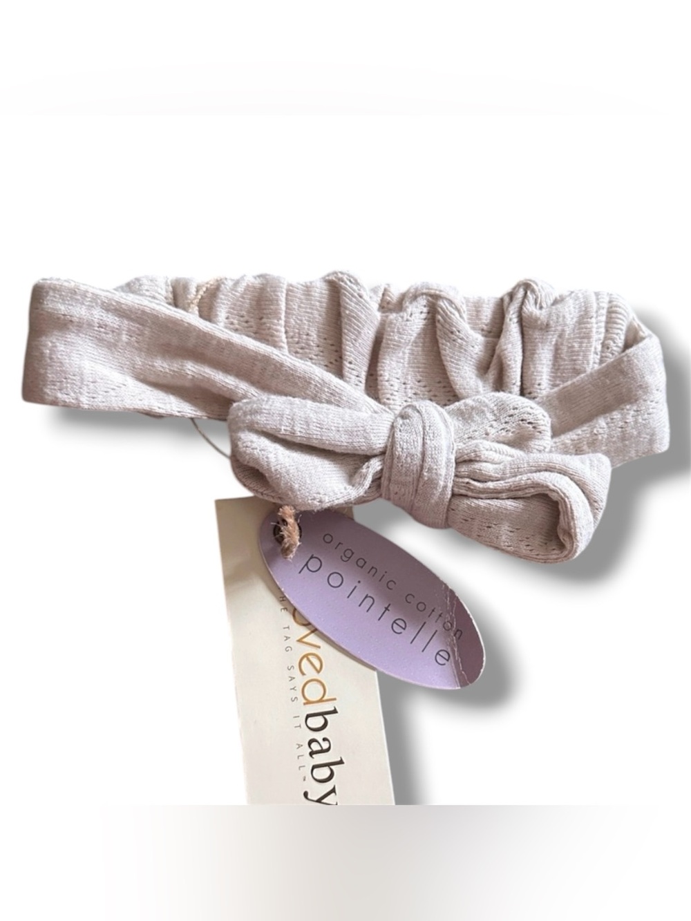 L’ovedbaby Organic Cotton Pointelle Oatmeal Beige Tie Headband 6-12 Months NWT